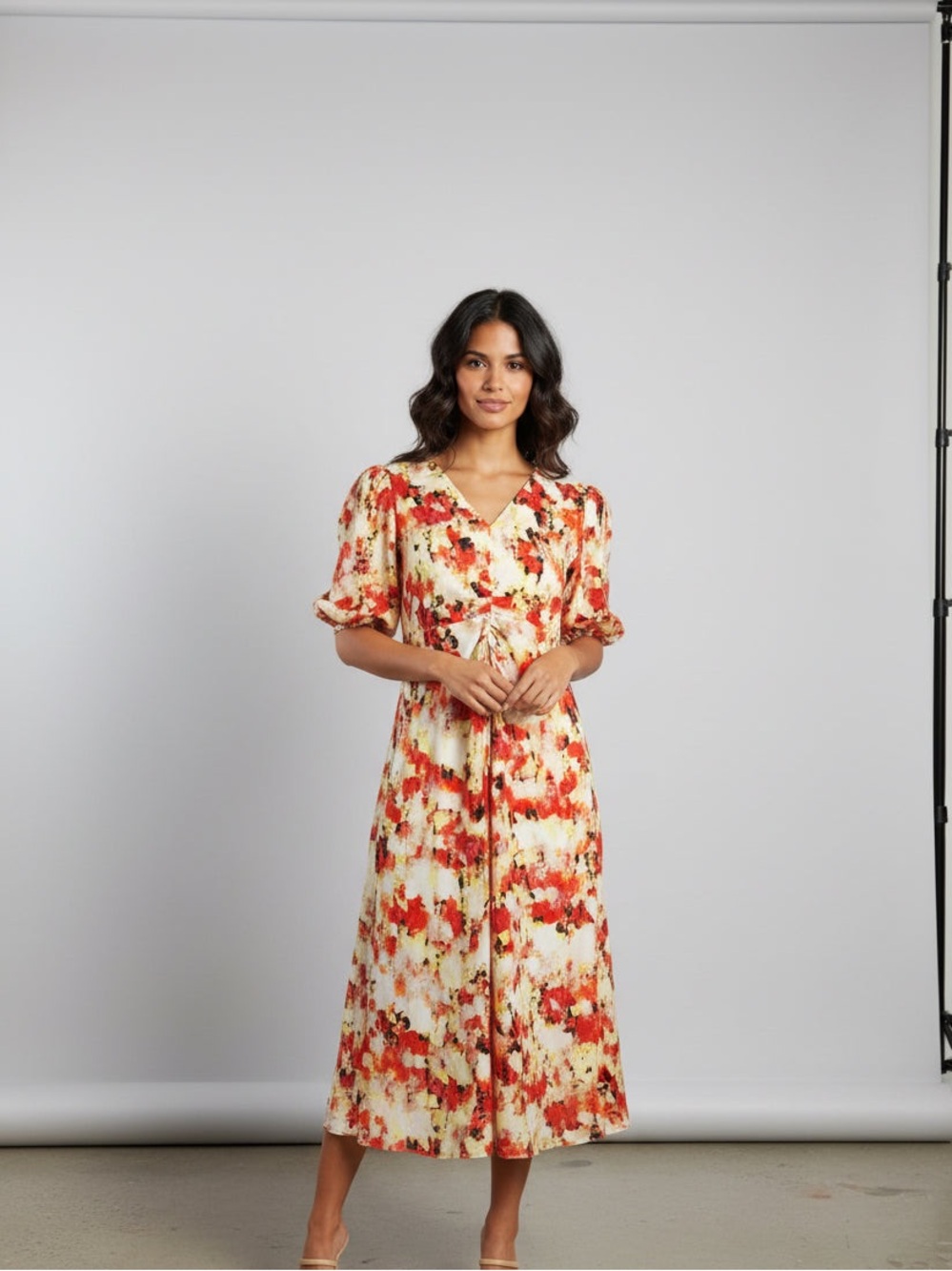 Dkny Cream Maxi Dress with Red Floral Print
